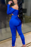 Blue Sexy Polyester Solid Split Joint Draw String Fold Strapless Long Sleeve Short Two Pieces