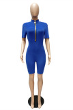 Blue Fashion Casual Solid Basic Zipper Collar Skinny Romper