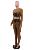Coffee Casual Solid Patchwork Mesh Half A Turtleneck Long Sleeve Two Pieces