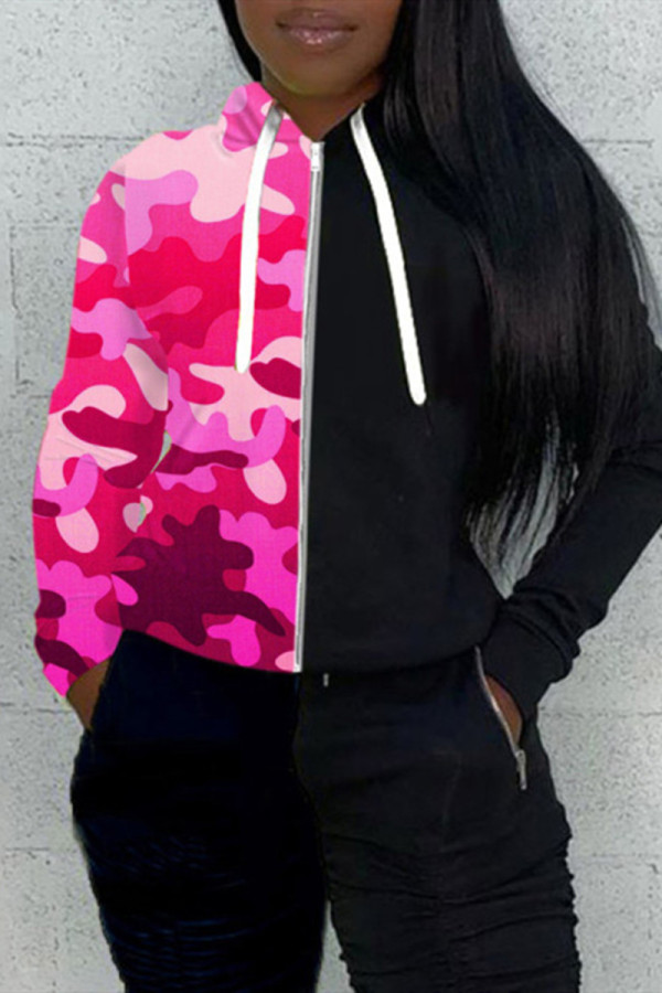 Rose Red Fashion Casual Print Patchwork Hooded Collar Tops