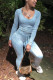 Light Blue Casual Print O Neck Long Sleeve Two Pieces