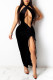 Black Fashion Sexy Solid Hollowed Out Backless Slit Halter Sleeveless Dress