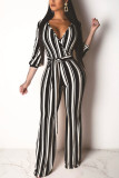 Yellow Fashion Sexy Adult Polyester Striped Split Joint With Belt V Neck Loose Jumpsuits