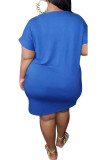 Color blue Fashion Sexy adult Ma'am O Neck Print Pattern Plus Size