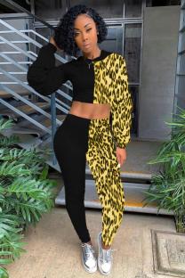 Yellow Polyester adult Casual Fashion Print asymmetrical Patchwork Two Piece Suits Leopard Straight Long Sl