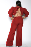 Wine Red Fashion Long Sleeve O Neck Jumpsuits