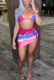 Blue Fashion Sexy Print Backless Halter Sleeveless Two Pieces