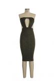Blue Polyester Fashion Sexy Off The Shoulder Sleeveless Wrapped chest Pencil Dress Knee-Length backless h