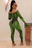 Green Polyester Sexy Fashion adult Patchwork Two Piece Suits Striped Print pencil Long Sleeve