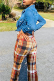Green Fashion Casual Plaid Print Basic Regular High Waist Trousers