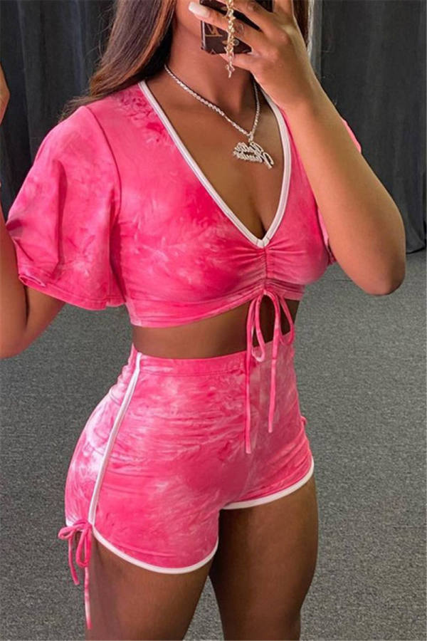 Pink Fashion Casual Solid Strap Design V Neck Short Sleeve Two Pieces