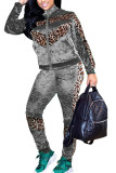 Silver Fashion Street Adult Patchwork Leopard Split Joint O Neck Long Sleeve Regular Sleeve Regular Two Pieces