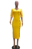 Yellow Casual Solid Buttons V Neck A Line Dresses