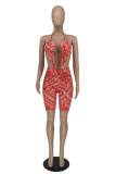 Red Fashion Sexy Print Hollowed Out Strap Design Asymmetrical Halter Sleeveless Two Pieces