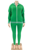 Green Casual Sportswear Knitting Striped Print Solid Pierced Hollowed Out Slit Zipper Collar Plus Size 