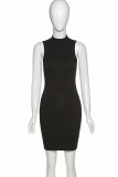 Black Polyester Fashion Street Tank Sleeveless O neck Pencil Dress skirt Solid Dresses