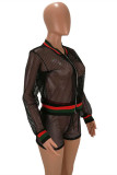 Black Fashion Sexy Patchwork Hollowed Out See-through Zipper Collar Long Sleeve Two Pieces