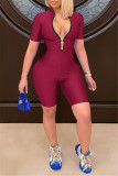 Blue Fashion Casual Solid Basic Zipper Collar Skinny Romper