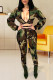 Camouflage Sexy Print Bandage Hollowed Out V Neck Long Sleeve Two Pieces