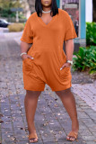 Red Fashion Casual Solid Basic V Neck Regular Rompers