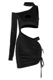 Black Fashion Sexy Solid Hollowed Out Halter Irregular Dress