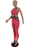 Red Sexy Print Bandage O Neck Sleeveless Two Pieces