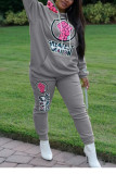 Grey Work Daily Letter Print Hooded Collar Long Sleeve Two Pieces