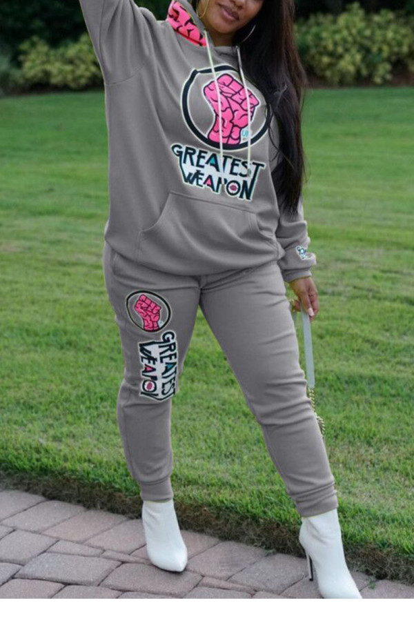 Grey Work Daily Letter Print Hooded Collar Long Sleeve Two Pieces