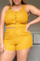 Yellow Sexy Solid Buckle O Neck Sleeveless Two Pieces