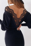 Cream White Fashion Sexy Solid Backless V Neck Long Sleeve Dress