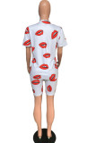 White Polyester Fashion Casual adult Patchwork Print Two Piece Suits Lips Print Straight Short Sleeve Two Pieces