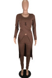 Brown Sexy Solid Split Joint O Neck Long Sleeve Two Pieces