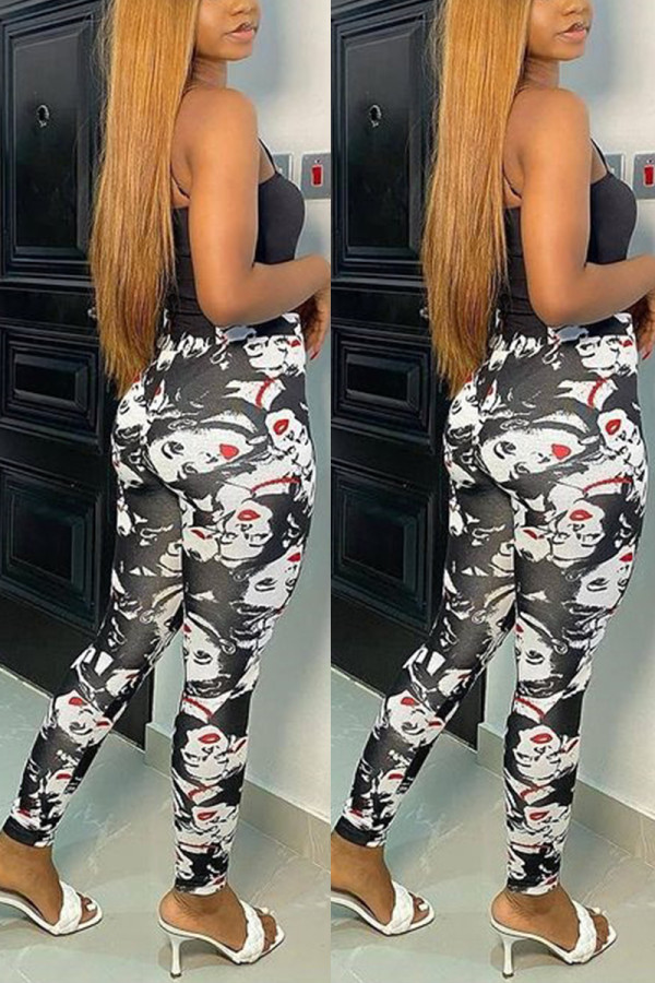 Black Fashion Casual Print Basic Skinny Mid Waist Trousers