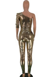 Gold Sexy Solid Half Sleeve one shoulder collar Jumpsuits