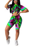 Purple and green Polyester Fashion Casual adult Patchwork Print Two Piece Suits Straight Short Sleeve Two Pieces