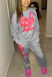 Grey Fashion Casual Letter Print Basic O Neck Long Sleeve Two Pieces