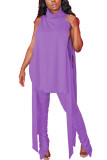 purple Fashion Casual Adult Solid Hollowed Out Fold O Neck Sleeveless Tank Long Two Pieces