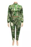 Green Polyester Sexy adult Fashion Casual O Neck Two Piece Suits Zippered Print