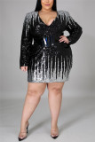 Gold Fashion Casual Plus Size Patchwork Sequins V Neck Long Sleeve Dress(Without Belt)