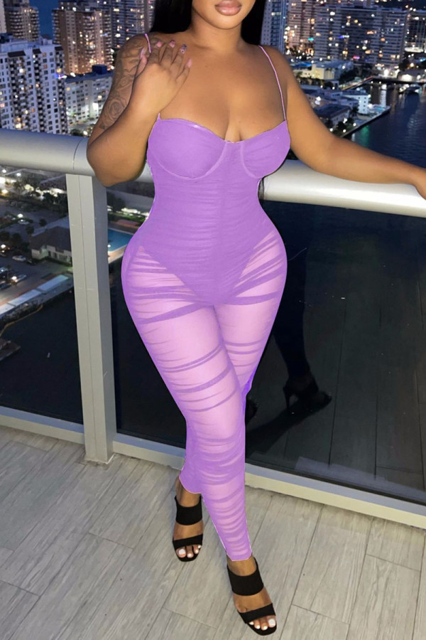 Purple Fashion Sexy Patchwork Solid Backless Spaghetti Strap Skinny Jumpsuits
