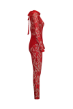 Red Sexy Solid Mesh O Neck Skinny Jumpsuits
