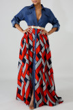 Red Fashion Casual Print Patchwork Turndown Collar Long Sleeve Dresses