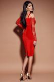 Red Polyester Fashion adult Sexy Spaghetti Strap Long Sleeves V Neck Step Skirt Knee-Length Patchwork So