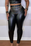 Black Sexy Faux Leather Solid Regular Bottoms