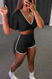 Pink Fashion Casual Solid Strap Design V Neck Short Sleeve Two Pieces