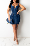 The cowboy blue Sexy Solid Draw String Zipper Spaghetti Strap Pencil Skirt Dresses