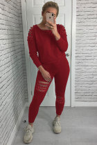 Wine Red Polyester Elastic Fly Long Sleeve Mid Beading Hole Straight Pants Two-piece suit
