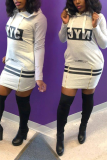 Grey Sexy Print Letter Hooded Collar Pencil Skirt Dresses