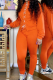 Tangerine Red Casual Solid Draw String Mandarin Collar Long Sleeve Two Pieces