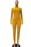 Yellow Polyester Casual Two Piece Suits Solid Patchwork pencil Long Sleeve Two-piece Pants Set